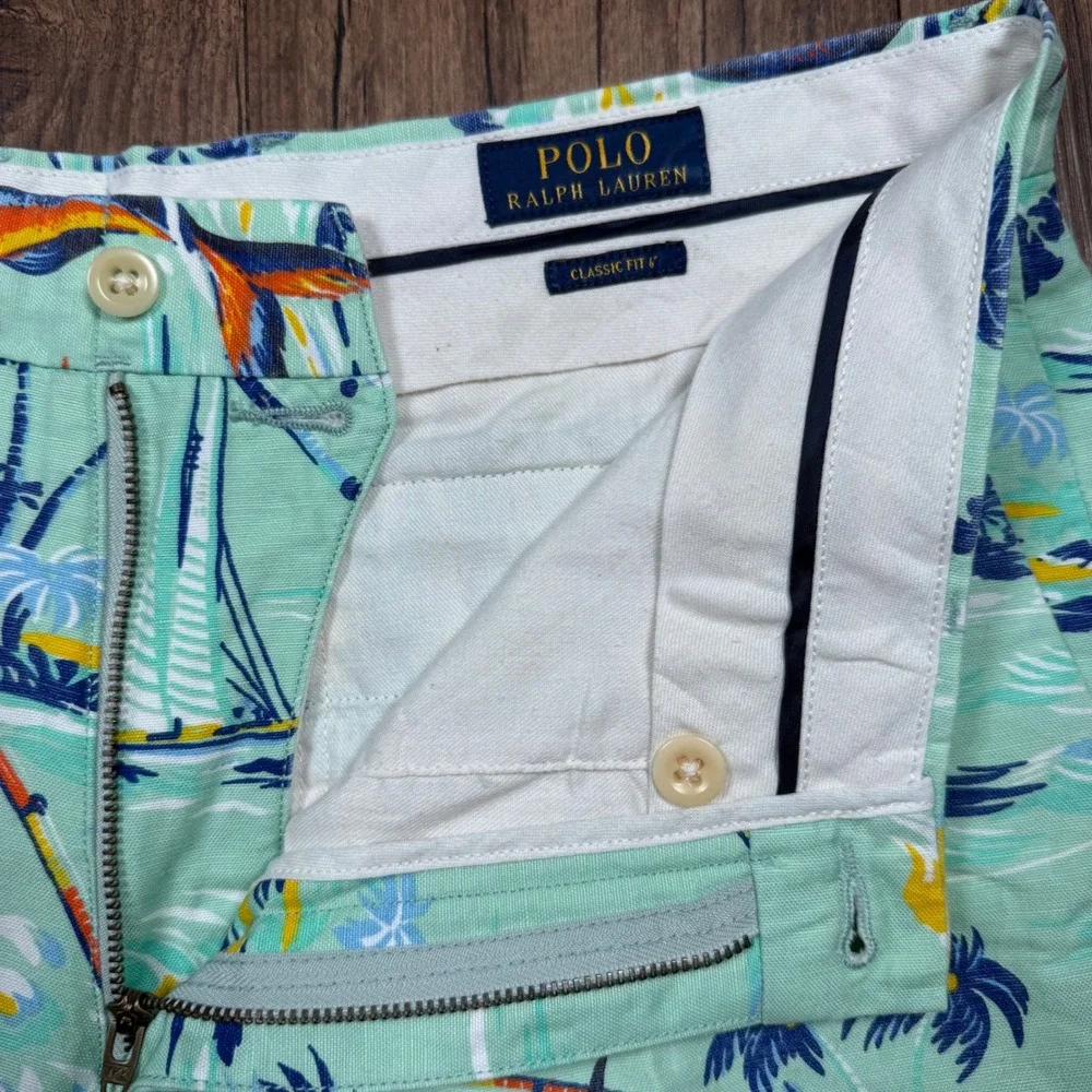 Polo Ralph Lauren Linen Shorts Mens 32 Mint Green Swordfish Marlin Boat Palm Sea